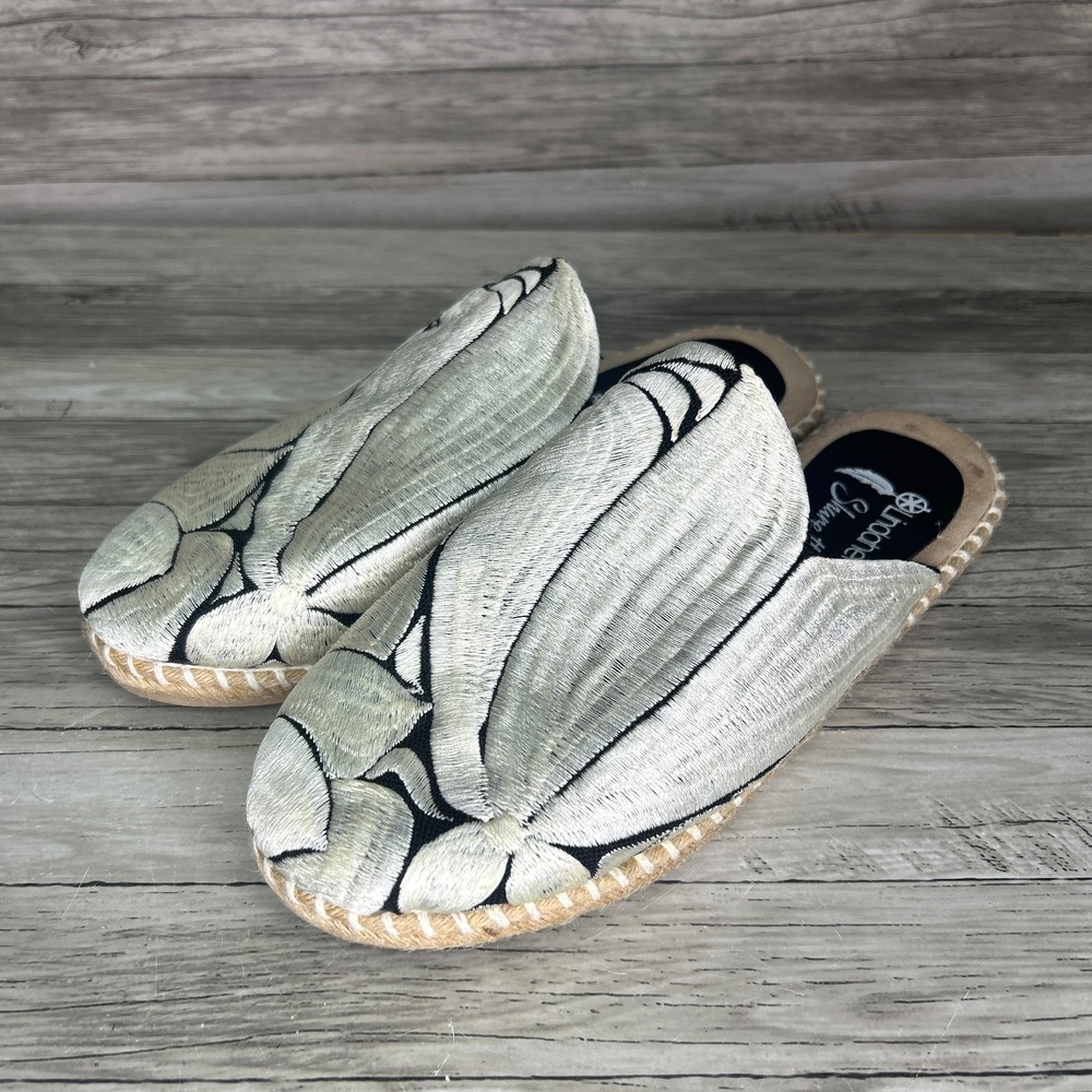 Linda Hermosa Embroidered Mules Women's Black & White Jute Espadrille Sz 4